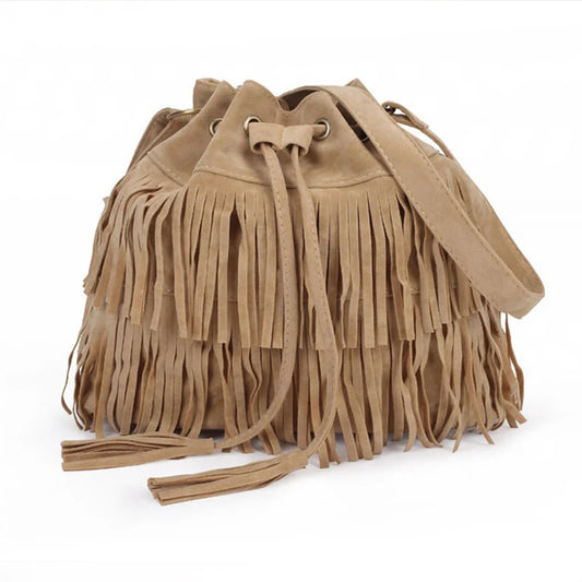Ausuky Vintage Fringe Tassel Shoulder Bag Women Faux Drawstring Bucket Bag