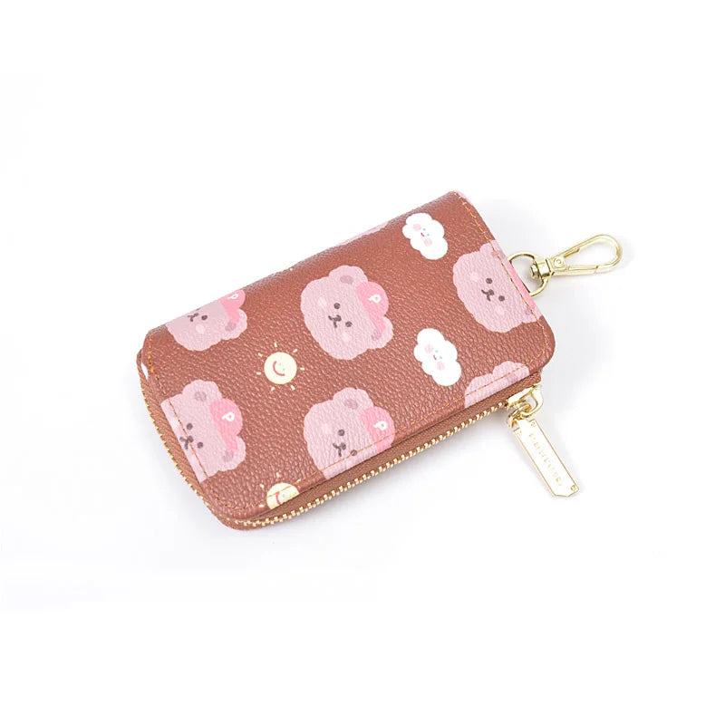 Bear Print Women Key Holder Wallet Chain Zipper PU Leather Cover