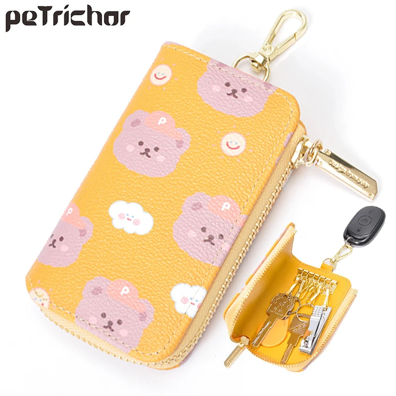 Bear print Women Key Holder Wallet Chain Zipper PU Leather Cover Organizer Case