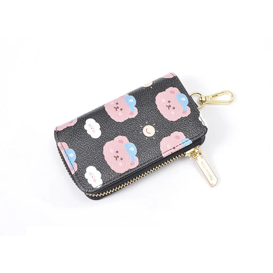 Bear Print Key Holder Wallet Chain Zipper PU Leather Ladies Key Bag