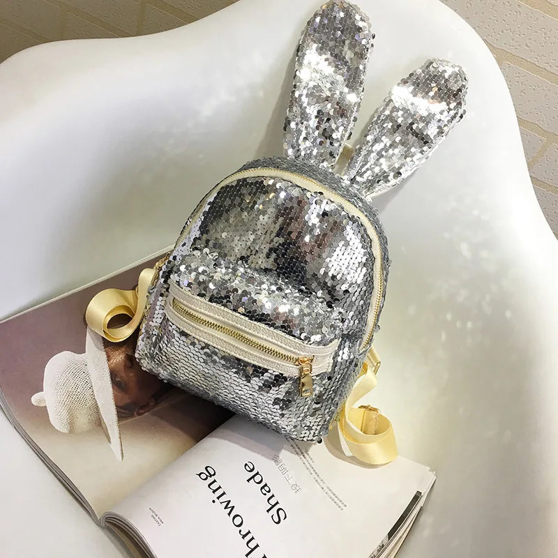 Sequins Backpack Big Rabbit Ears Double Shoulder Bag Women Mini Backpack