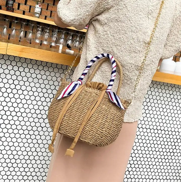 Straw Woven Beach Handbag Bucket One Shoulder Messenger Bag