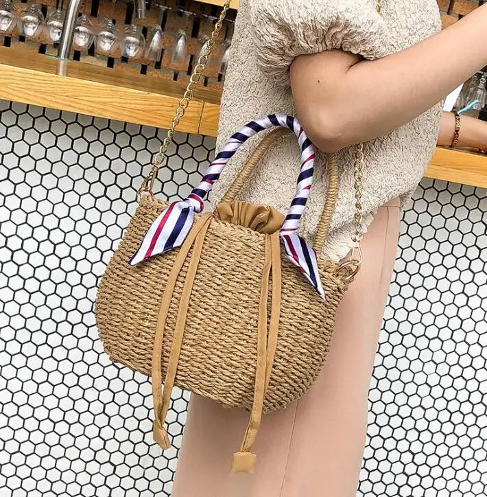 Straw Woven Beach Handbag Bucket One Shoulder Messenger Bag
