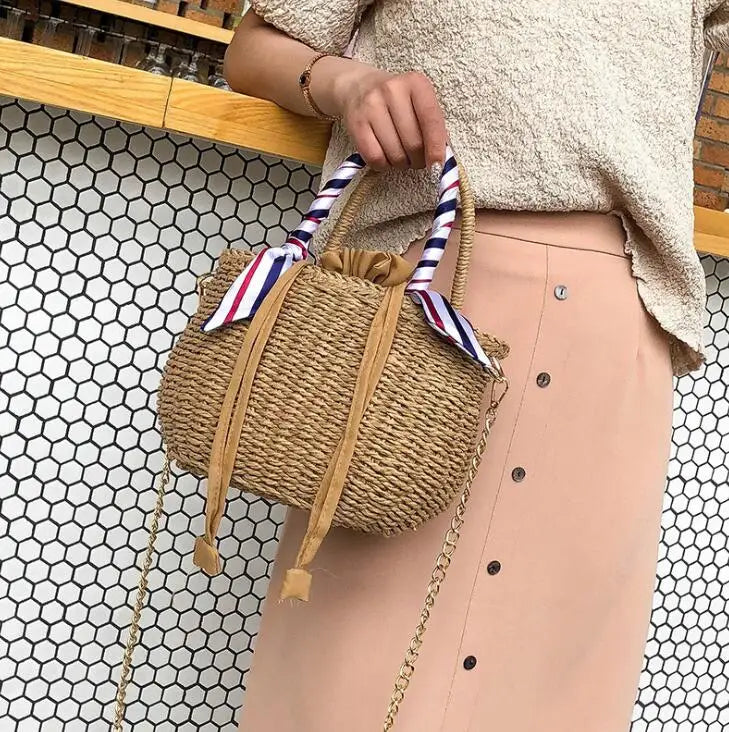 Straw Woven Beach Handbag Bucket One Shoulder Messenger Bag