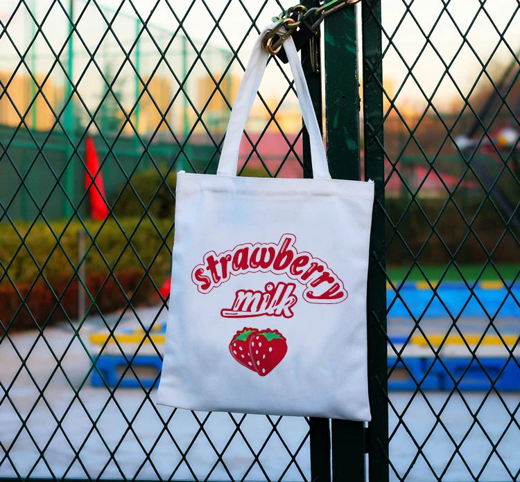 Canvas Strawberry Letter Print Large Shoulder Bag