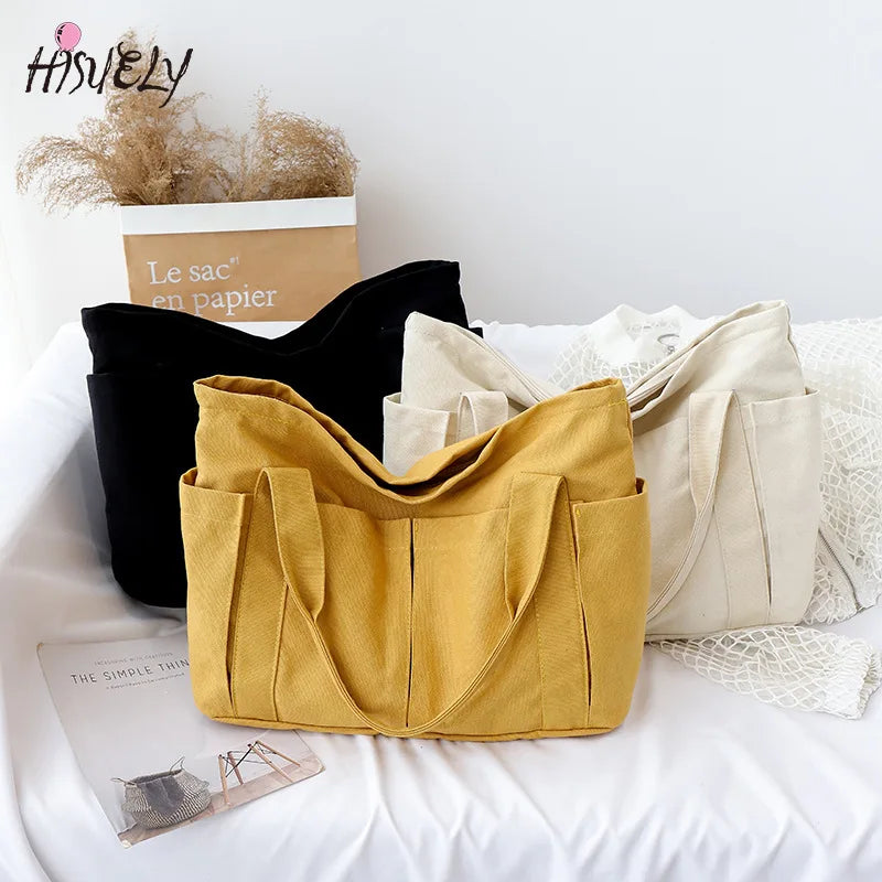Canvas Multi-pockets Zipper Handbag for Student School Teacher Leisure Tote