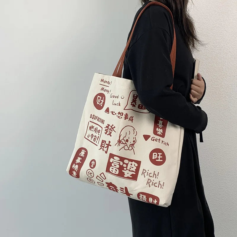 Chinese Cartoon Canvas Shoulder Bag for Women