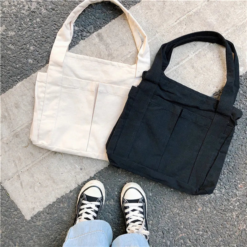 Canvas Zipper Handbag For Student School Multi-pockets Top-handle Bag