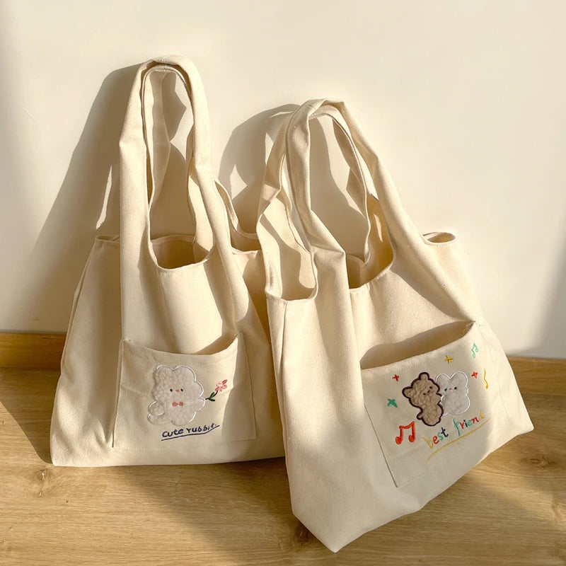 Cartoon Embroidery Canvas Shoulder Bag Large Capacity Tote Handbag