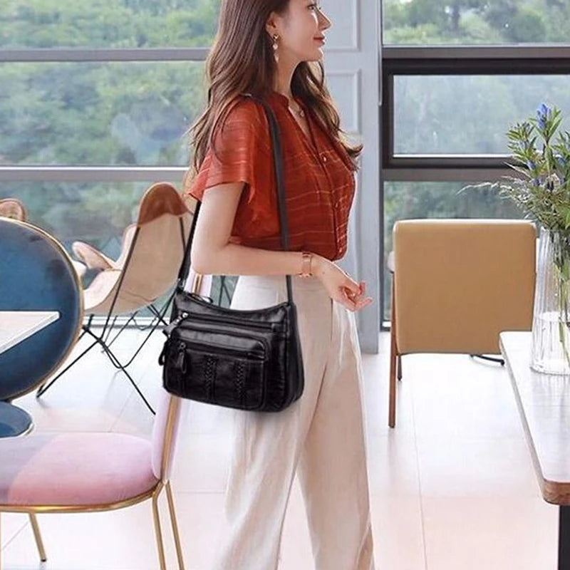 Soft Leather Shoulder Bag High-Quality Multi-Pocket Ladies Crossbody Bag