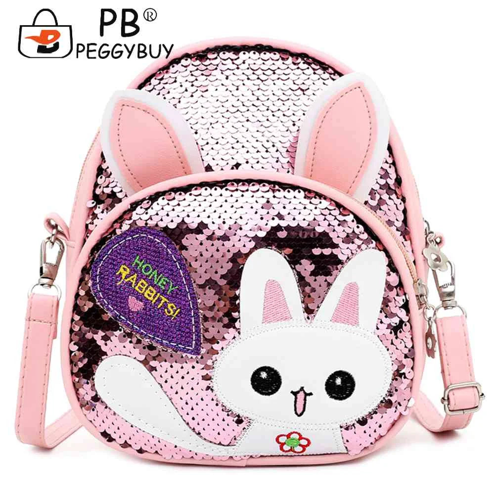 Girls Rabbit Ear Sequins Backpack Kids PU Leather Book Bag