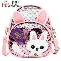 Girls Rabbit Ear Sequins Backpack Kids PU Leather Book Bag