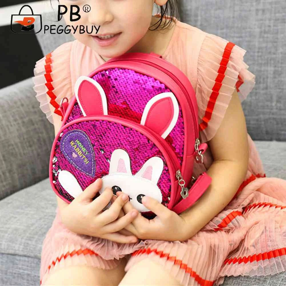 Girls Rabbit Ear Sequins Backpack Kids PU Leather Book Bag