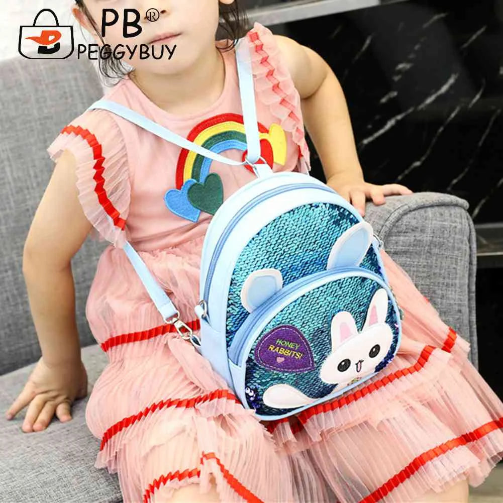 Girls Rabbit Ear Sequins Backpack Kids PU Leather Book Bag