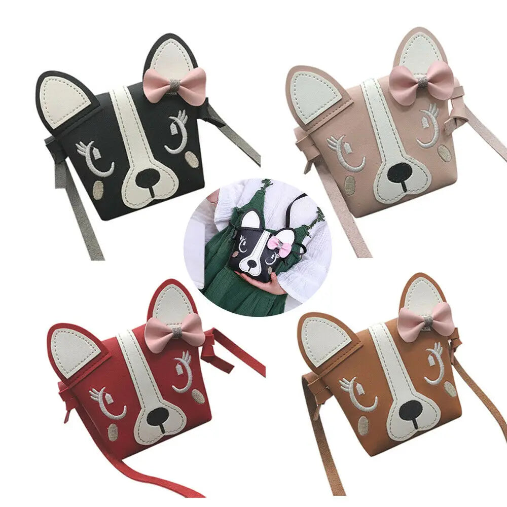 Kids Bowknot Dog Shoulder Bag Baby Purse PU Leather Messenger Bag