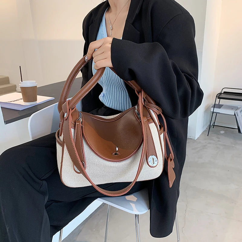 Classic Women Canvas PU Leather Patchwork Tote Bag Retro Handbags