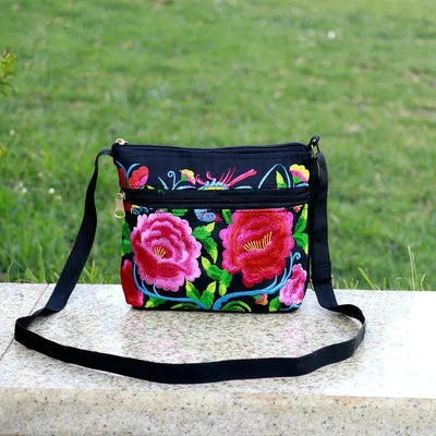 Bohemian Floral Embroidered Mini Shoulder Bag with Multi-Zippers