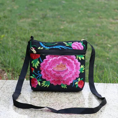 Bohemian Floral Embroidered Mini Shoulder Bag with Multi-Zippers