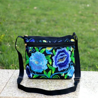 Bohemian Floral Embroidered Mini Shoulder Bag with Multi-Zippers