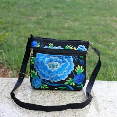 Bohemian Floral Embroidered Mini Shoulder Bag with Multi-Zippers