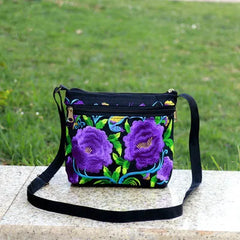 Bohemian Floral Embroidered Mini Shoulder Bag with Multi-Zippers