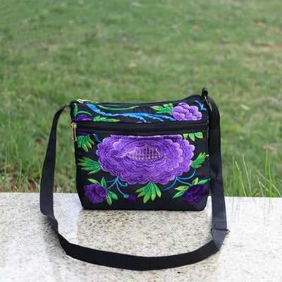 Bohemian Floral Embroidered Mini Shoulder Bag with Multi-Zippers