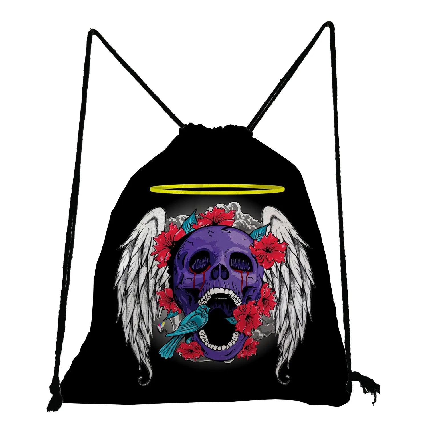 Drawstring Pocket Shoes Bags Women Backpack Skull Floral Print