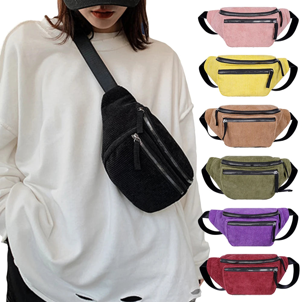 Women's Corduroy Waist Zipper Chest Bag