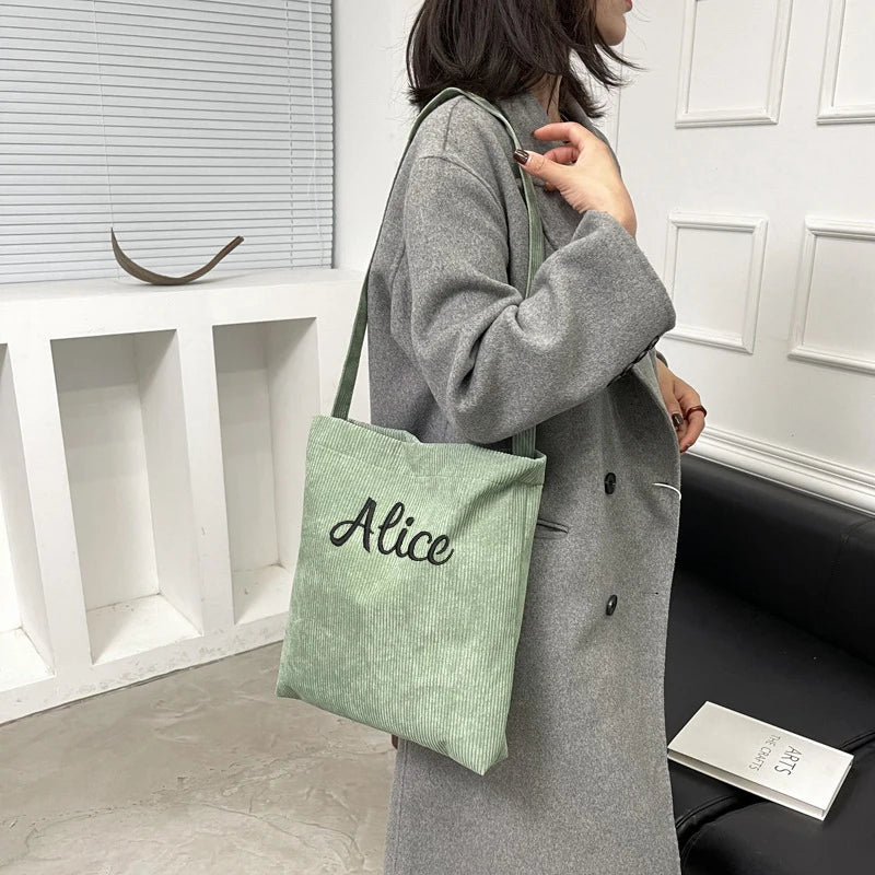 Personalized Corduroy Women's Tote Bag with Embroidery