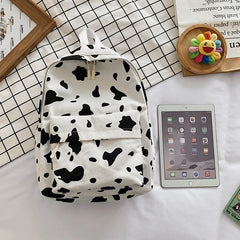 Cow Pattern Canvas Backpack Large Capacity Casual Schoolbag Spot Contrast