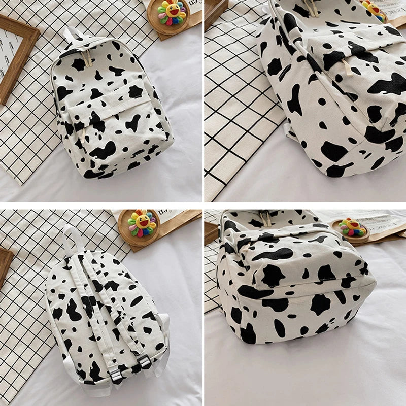 Cow Pattern Canvas Backpack Large Capacity Casual Schoolbag Spot Contrast