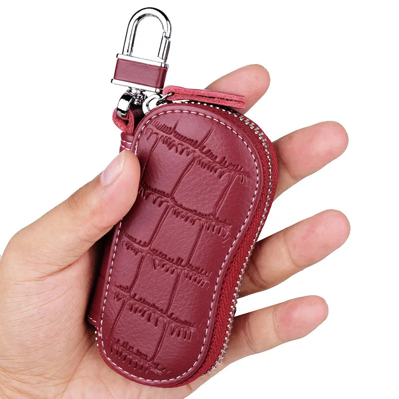Cowhide Key Holder Case Bag Leather Keychain Cover Zipper Housekeeper