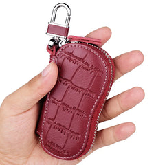 Cowhide Key Holder Case Bag Leather Keychain Cover Zipper Housekeeper