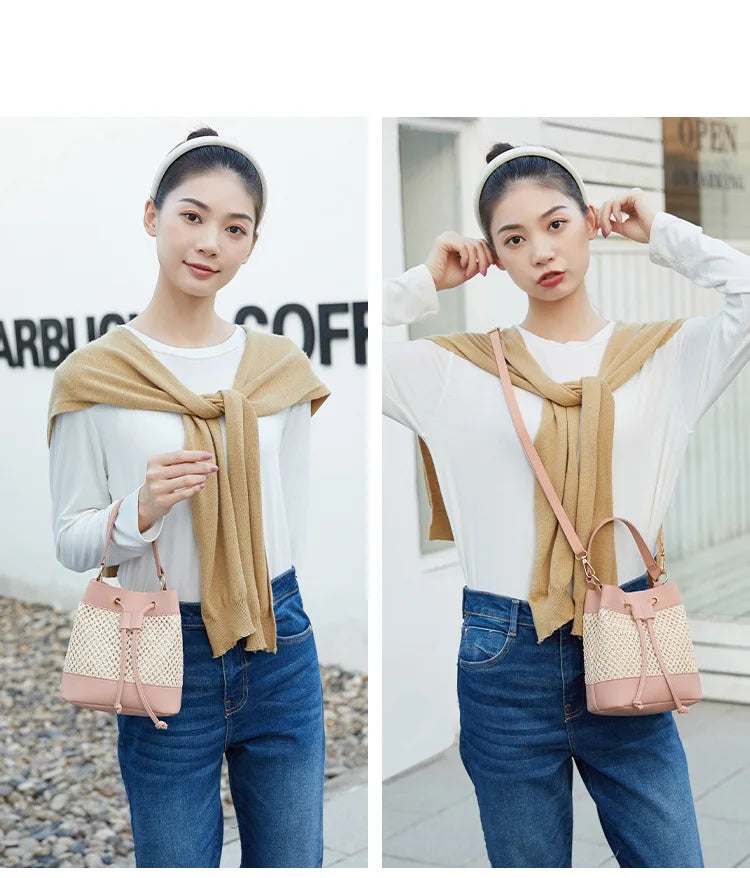 High-capacity Crossbody Bag Drawstring Straw Woven