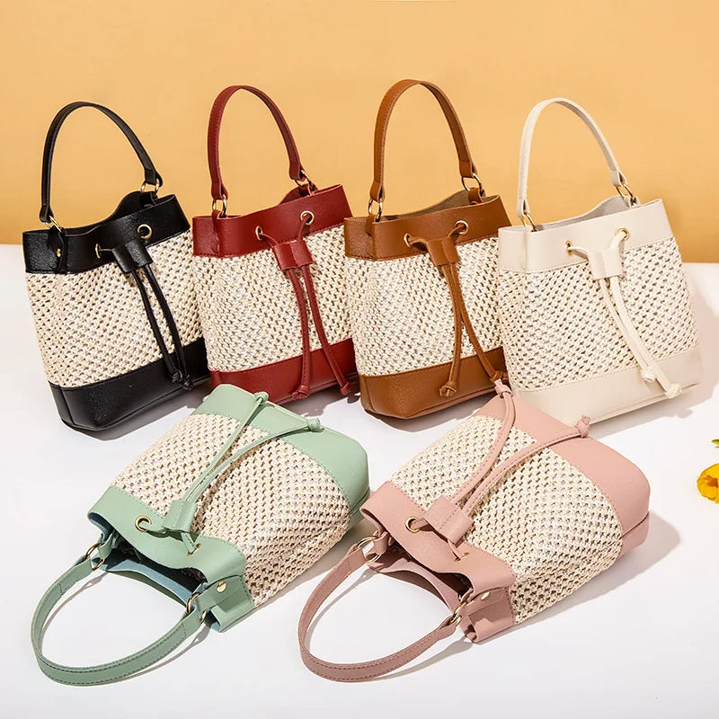 High-capacity Crossbody Bag Drawstring Straw Woven
