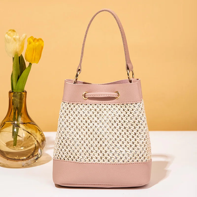 High-capacity Crossbody Bag Drawstring Straw Woven