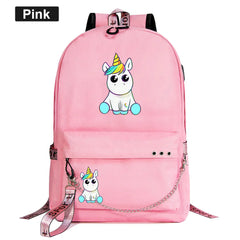 Rainbow Horse Boys Girls Kids School Book Bags Women USB Chain Backpack Canvas M
