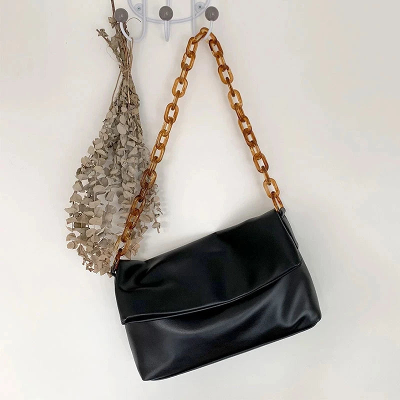 Women Thick Chain PU Leather Shoulder Bags Acrylic One Shoulder Underarm Bag