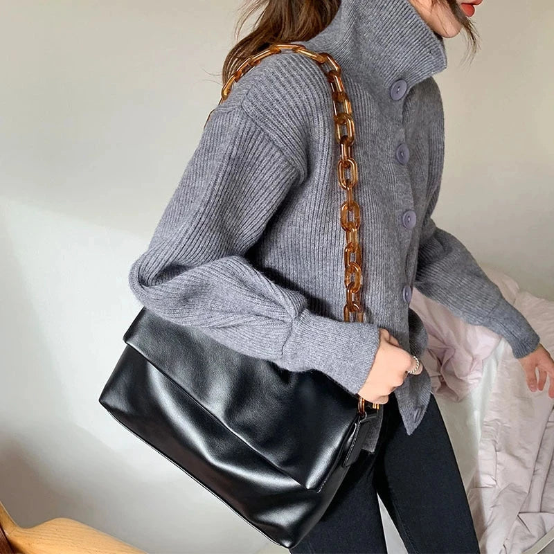 Women Thick Chain PU Leather Shoulder Bags Acrylic One Shoulder Underarm Bag