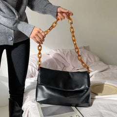 Women Thick Chain PU Leather Shoulder Bags Acrylic One Shoulder Underarm Bag