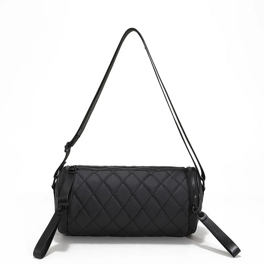 Women's Diamond Quilted Nylon Drum Small Barrel Purse Lady Crossbody Bag
