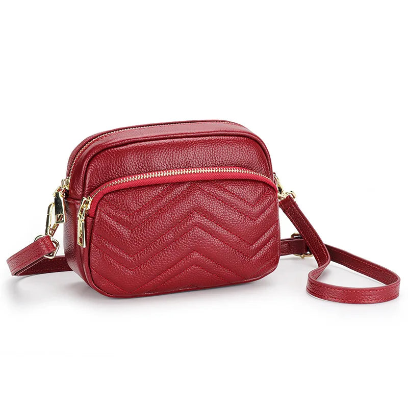 Embroidered Wave Pattern Small Leather Messenger Bag