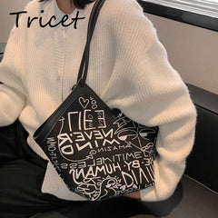 Graffiti Printed Canvas Shoulder Bag for Women