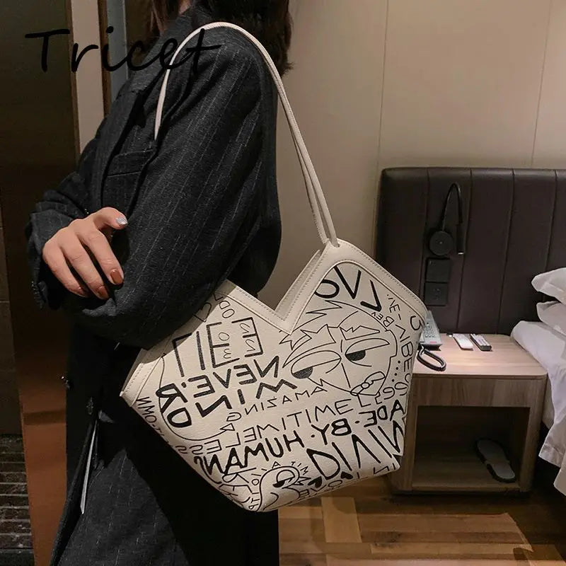 Graffiti Printed Canvas Shoulder Bag for Women