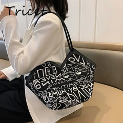 Graffiti Printed Canvas Shoulder Bag for Women