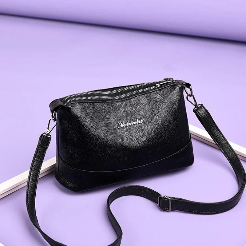 Double Zipper Women Messenger Bag Soft PU Leather Crossbody Shoulder