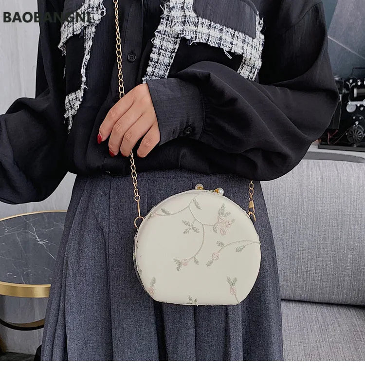 Flower Embroidery Women Evening Clutch Bag Chain Shoulder Handbag