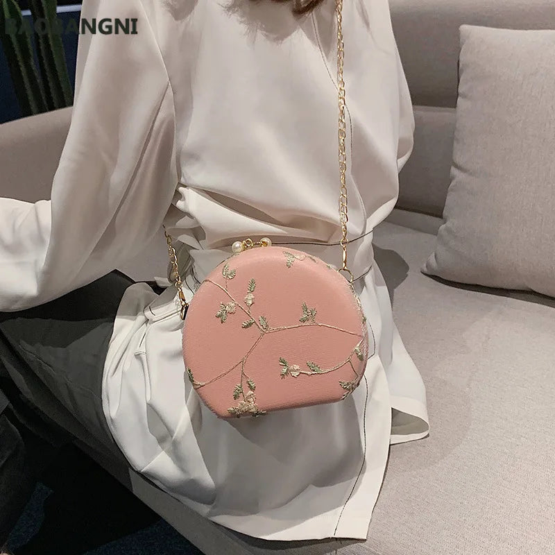 Flower Embroidery Women Evening Clutch Bag Chain Shoulder Handbag