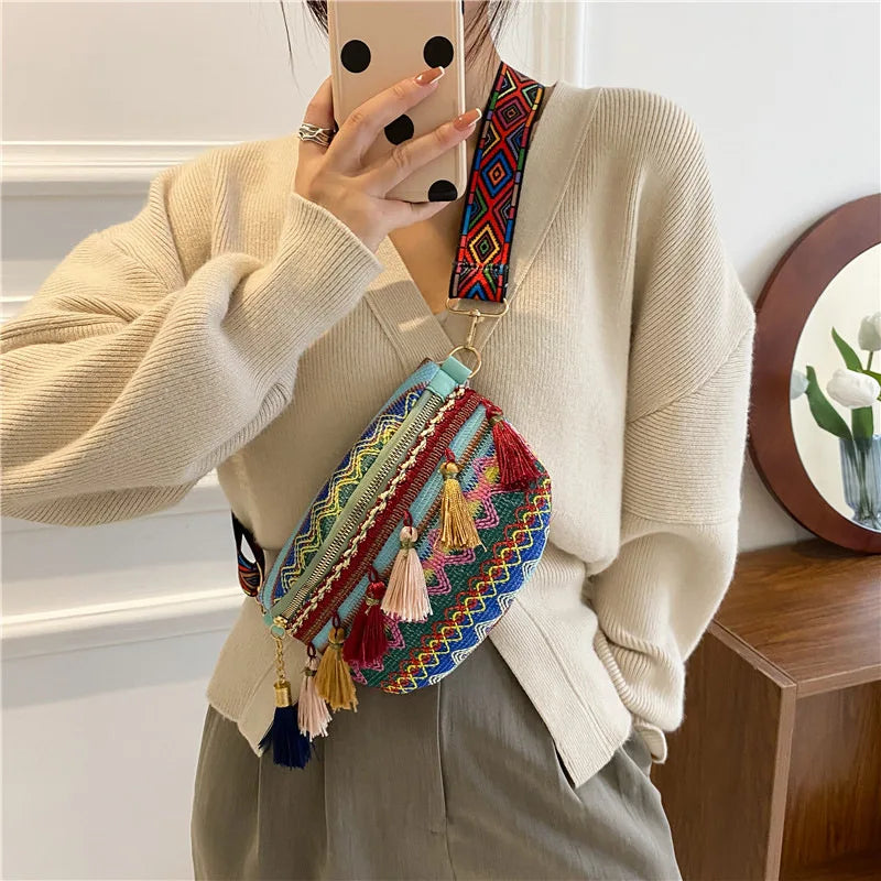 Ethnic Style Lady Saddle Bag Retro Tassel Small Bag Wide Shoulder Strap Chest Ba