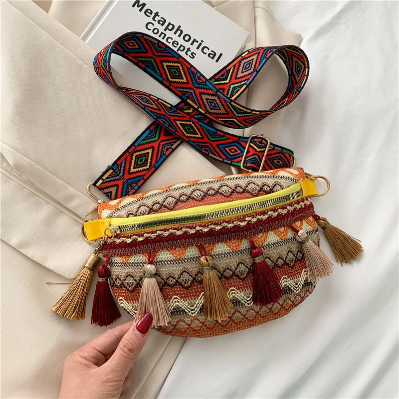 Ethnic Style Lady Saddle Bag Retro Tassel Small Bag Wide Shoulder Strap Chest Ba